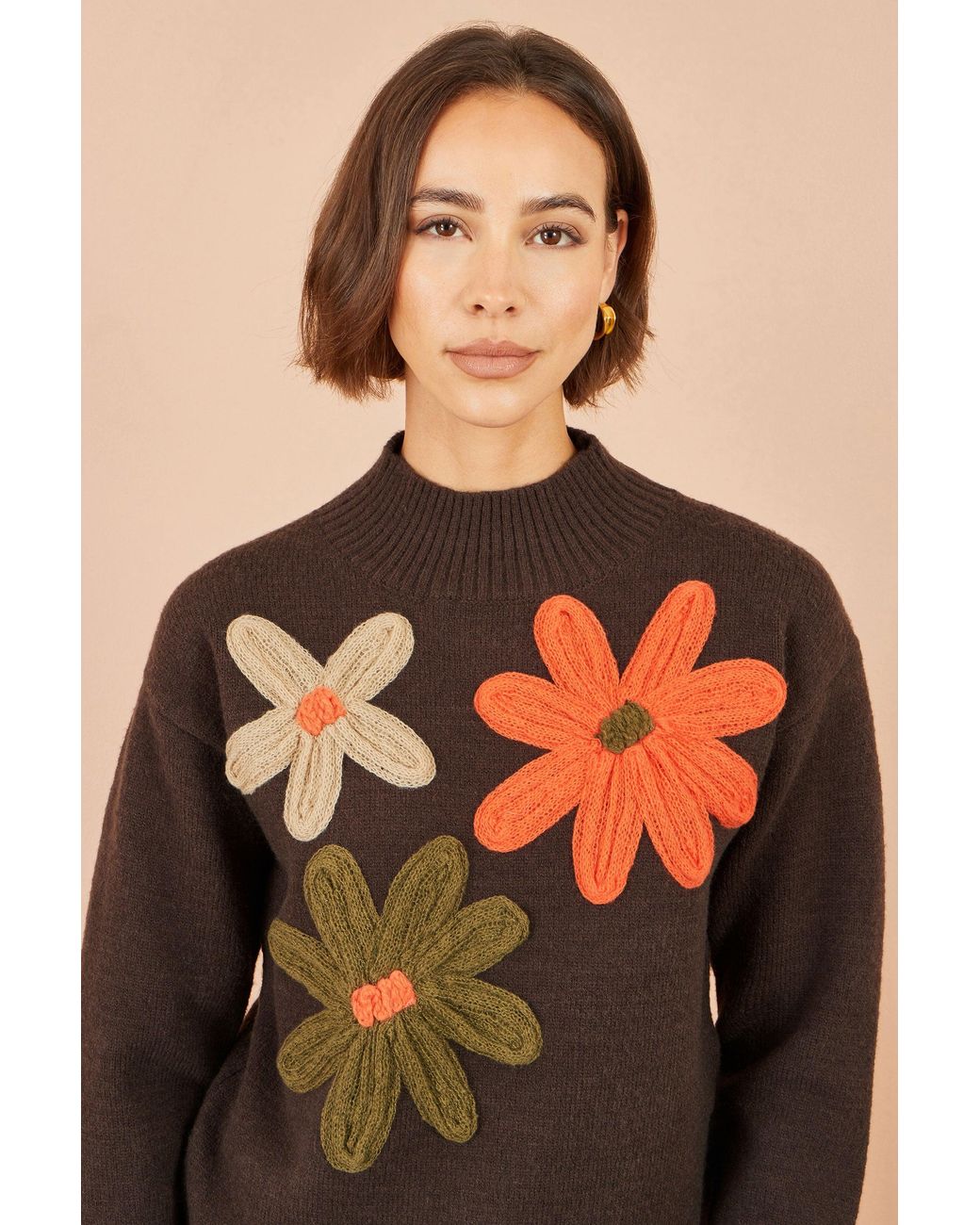 Yumi' Blue Knitted High Neck Jumper With Applique Flowers