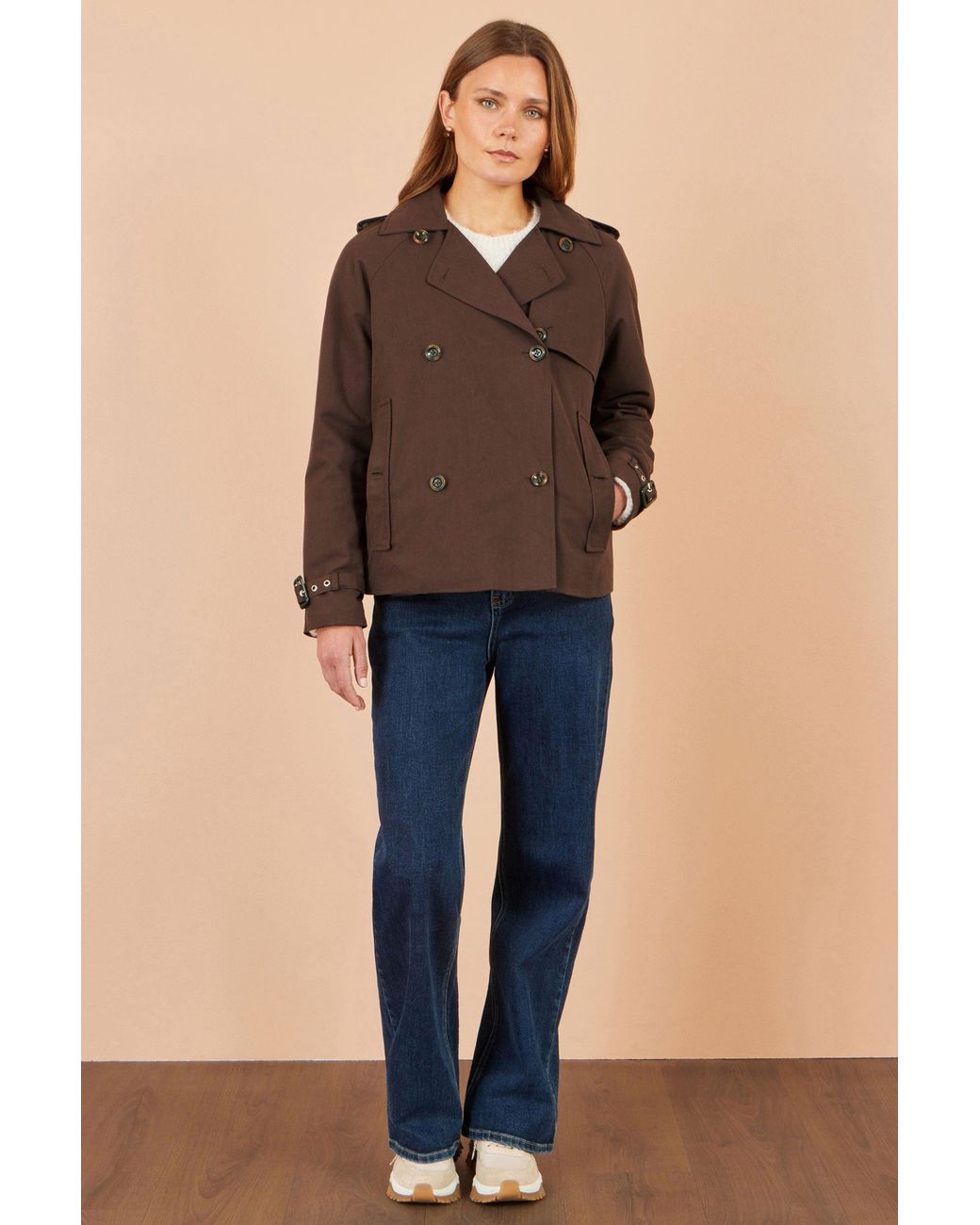 Yumi' Brown Cropped Trench Coat With Check Lining
