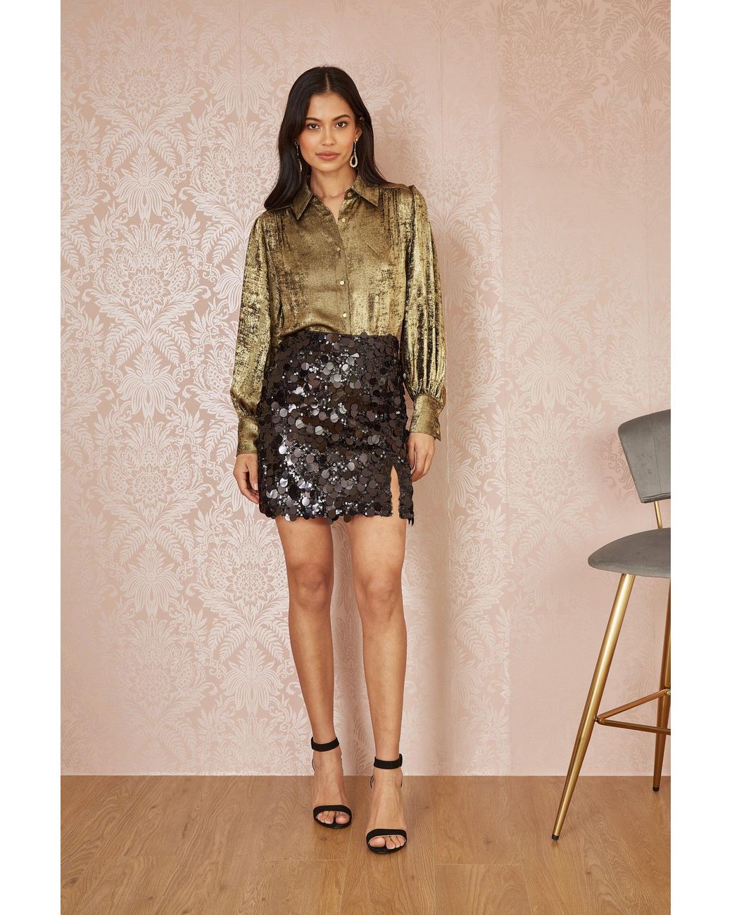 Yumi' Brown Metallic Relaxed Balloon Sleeve Shirt