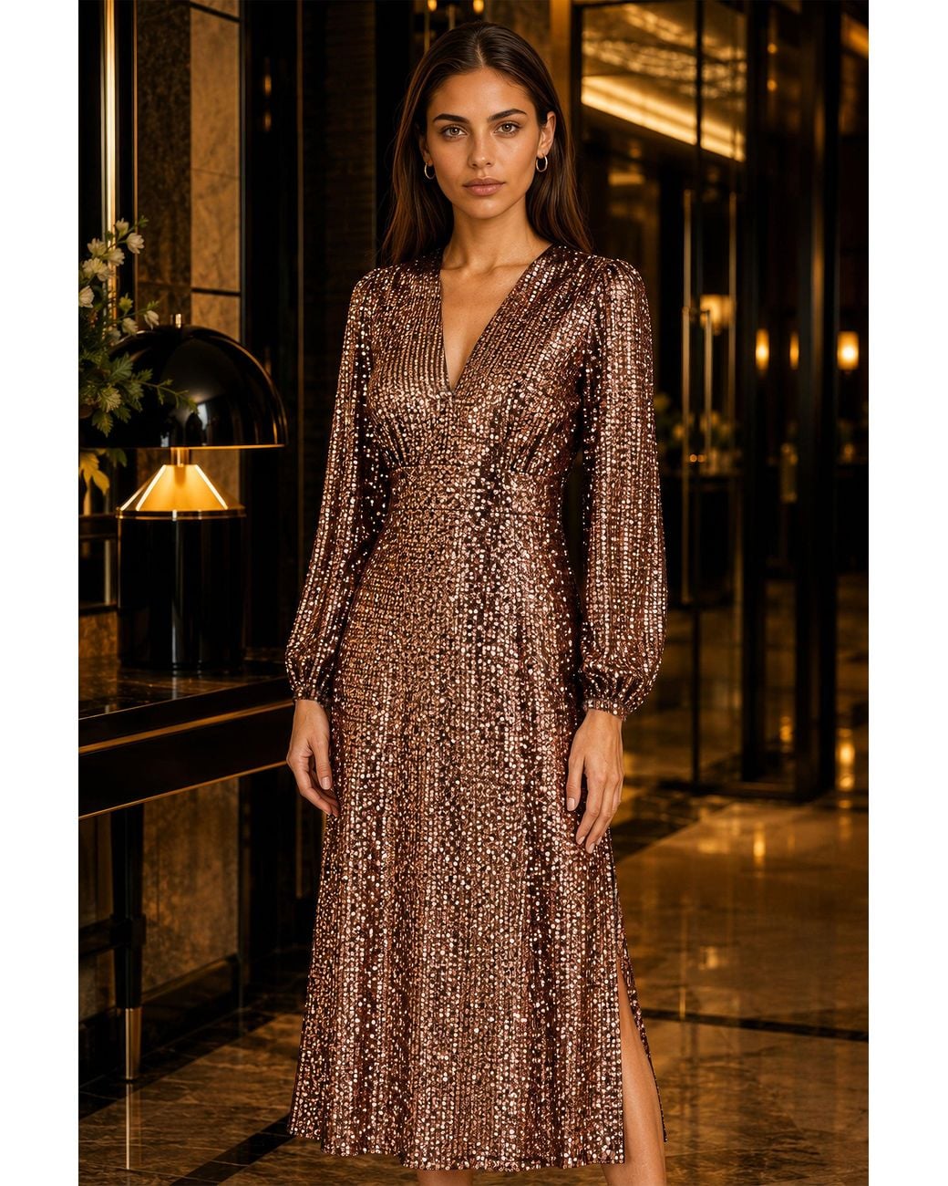 Yumi' Brown Sequin Long Sleeve Midi Dress
