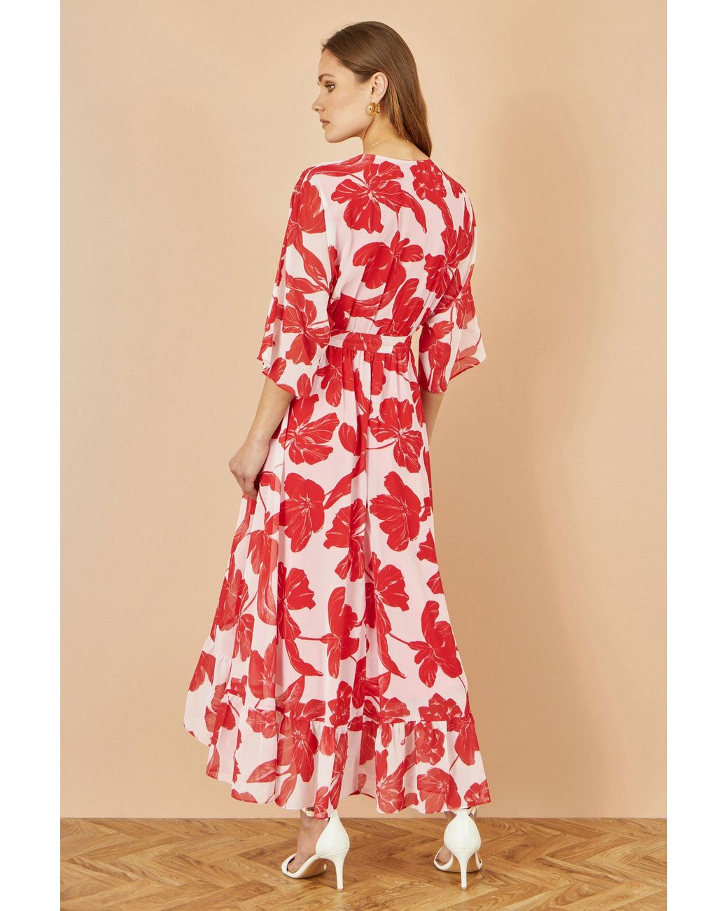 Yumi' Red Kimono Sleeves Dip Hem Wrap Midi Dress