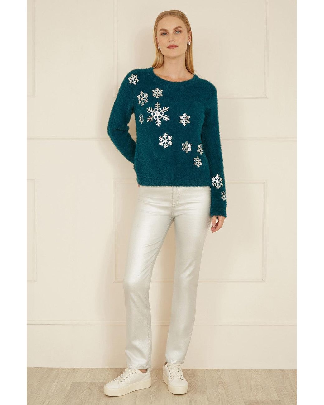 Yumi' Blue Sequin Snowflake Fluffy Jumper