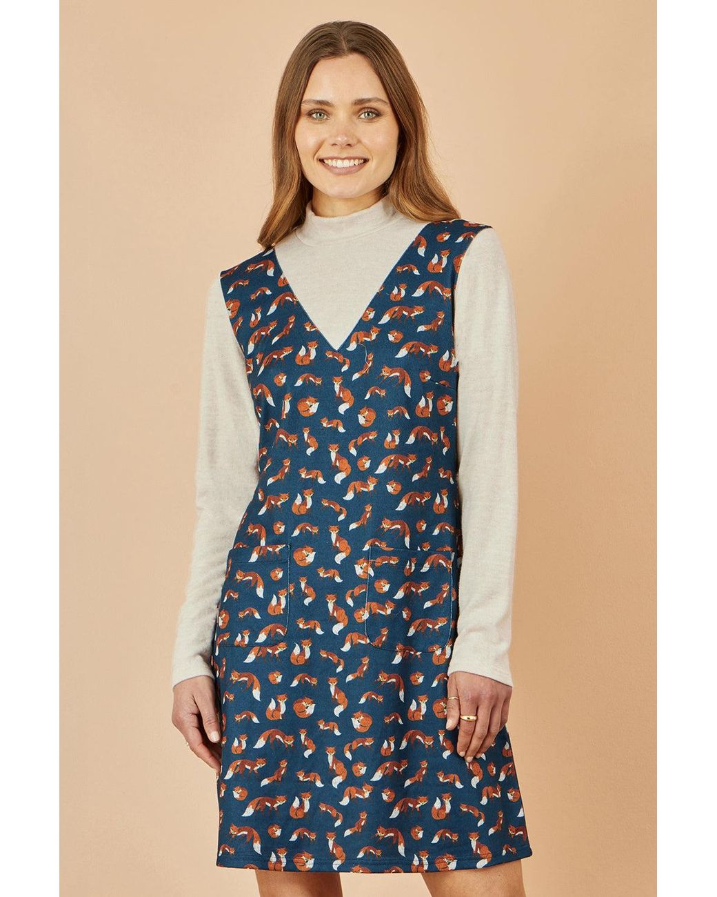Yumi' Blue Fox Long Sleeve Layered Tunic Dress With Front Pocket