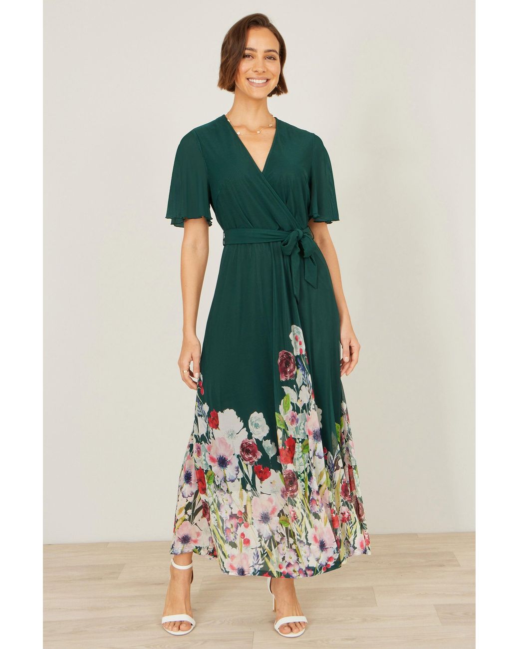 Yumi' Green Mesh Wrap Midi Dress With Floral Hem Border