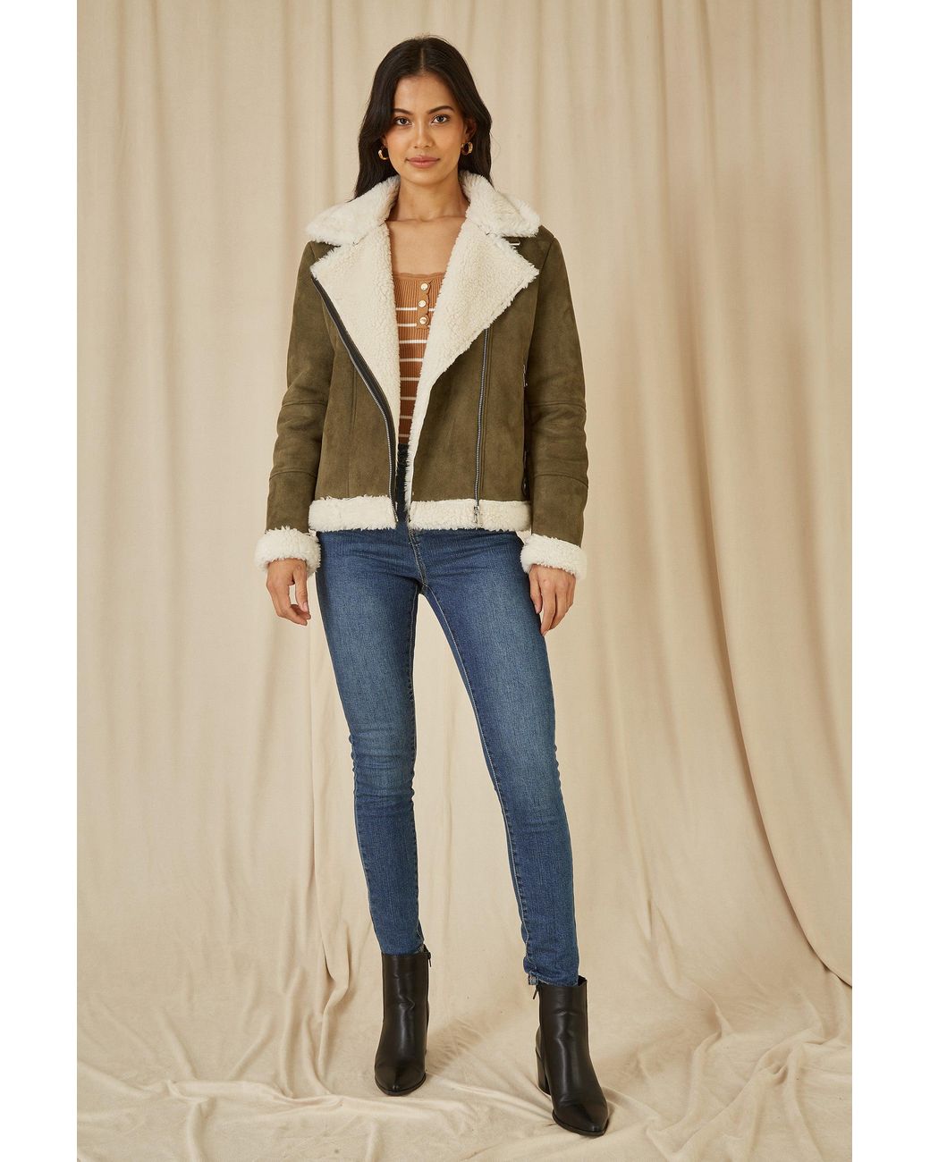 Yumi' Natural Faux Suede And Shearling Biker Jacket
