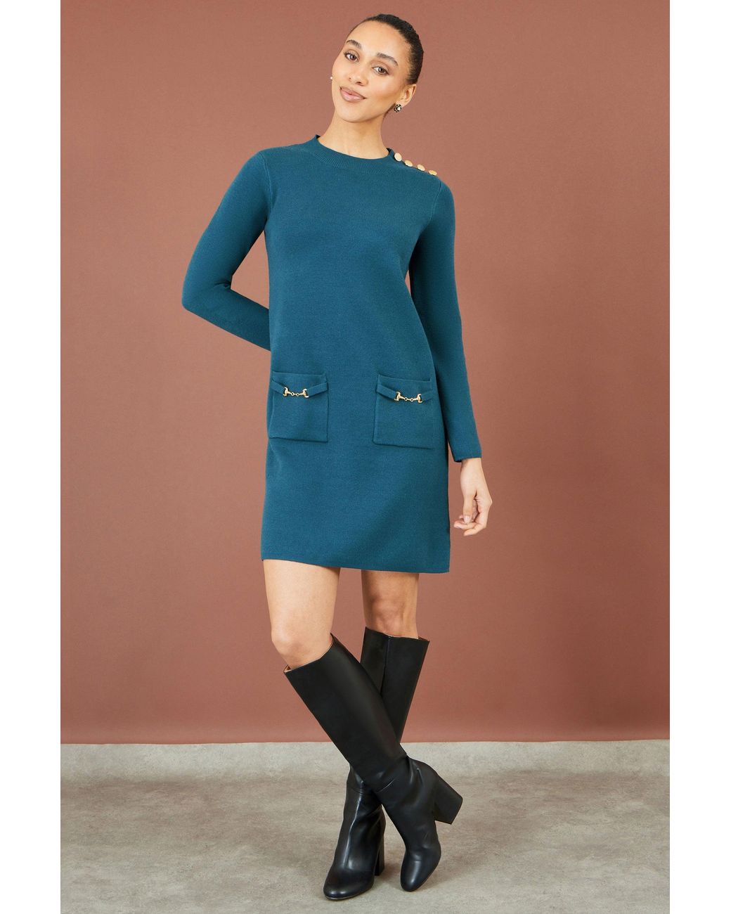 Yumi' Blue Knitted Tunic Dress With Hardware Details
