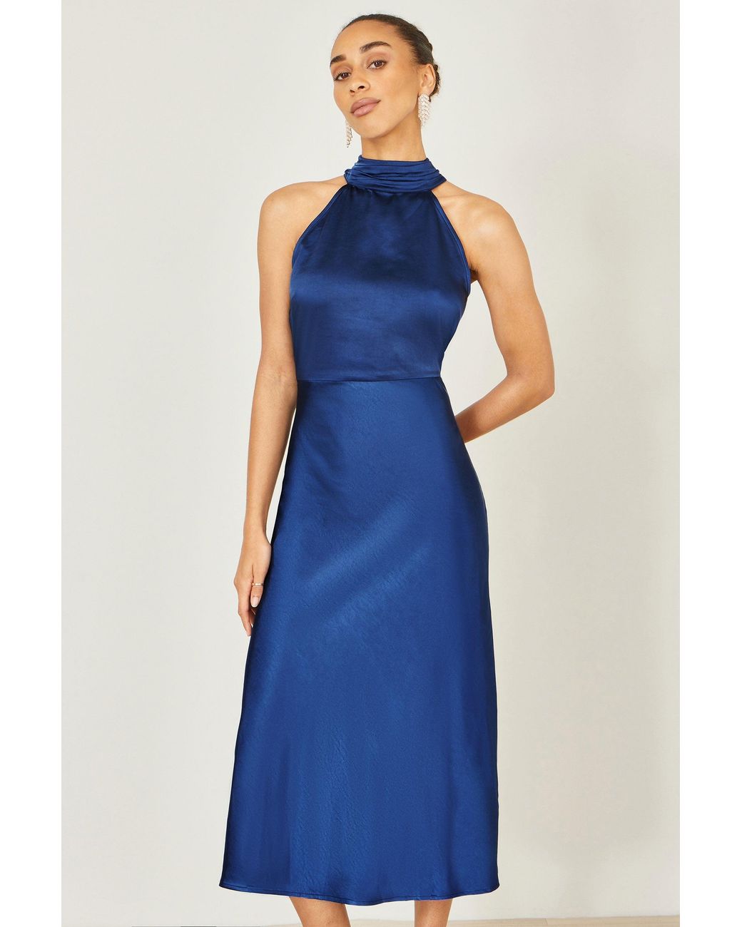 Yumi' Blue Satin Halter Neck Midi Dress