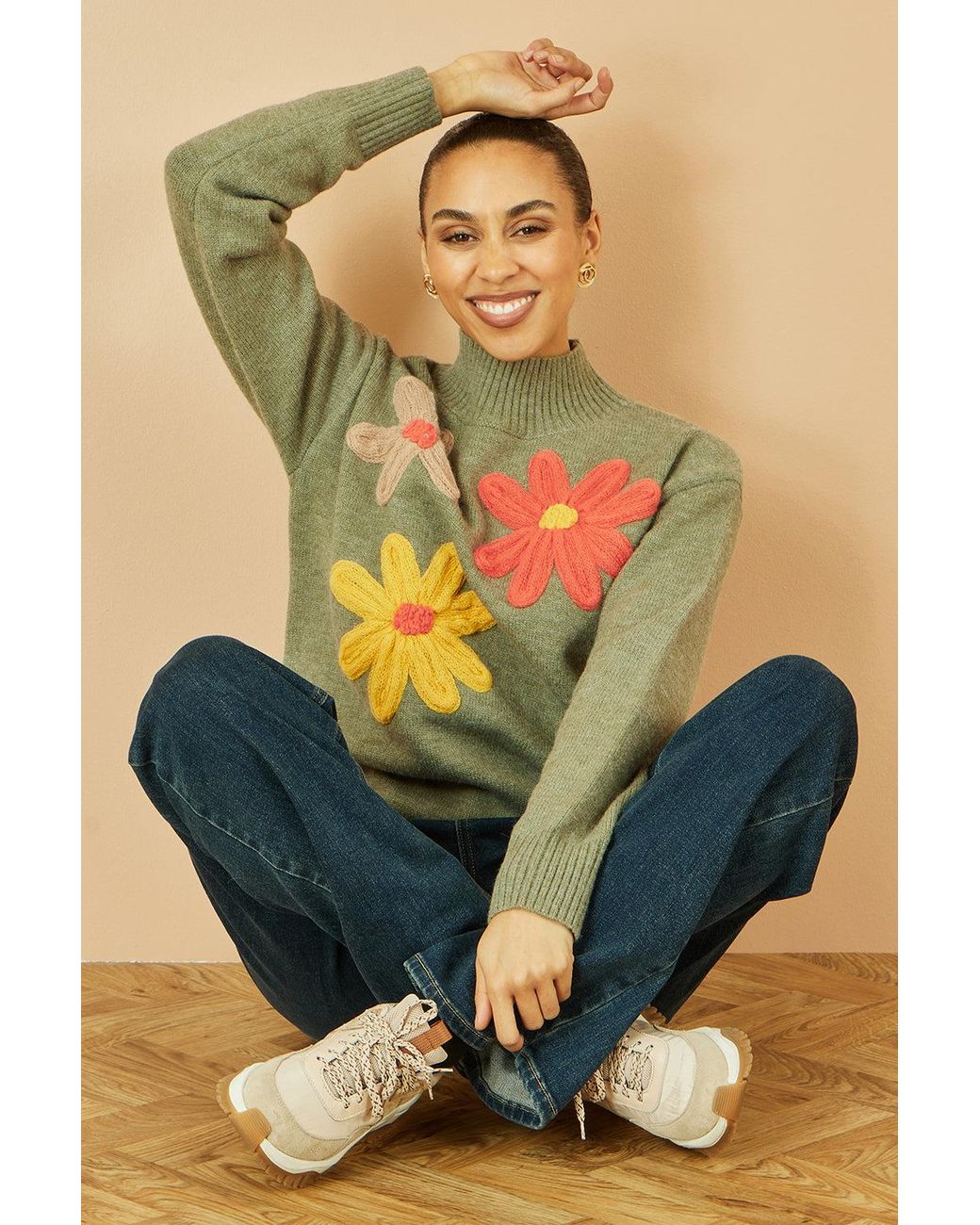 Yumi' Yellow Knitted High Neck Jumper With Applique Flowers