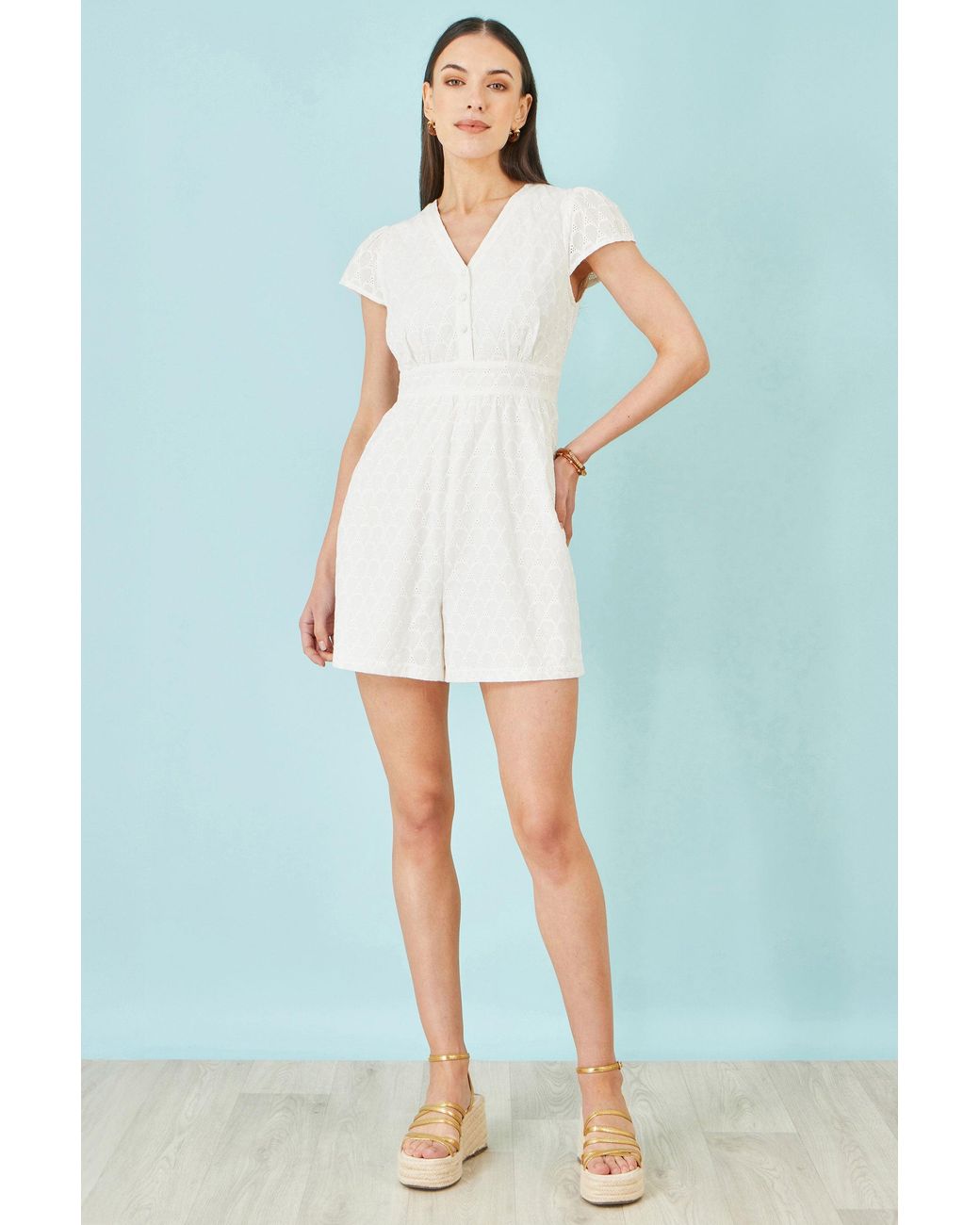 Yumi' White Cotton Broderie Anglaise Playsuit