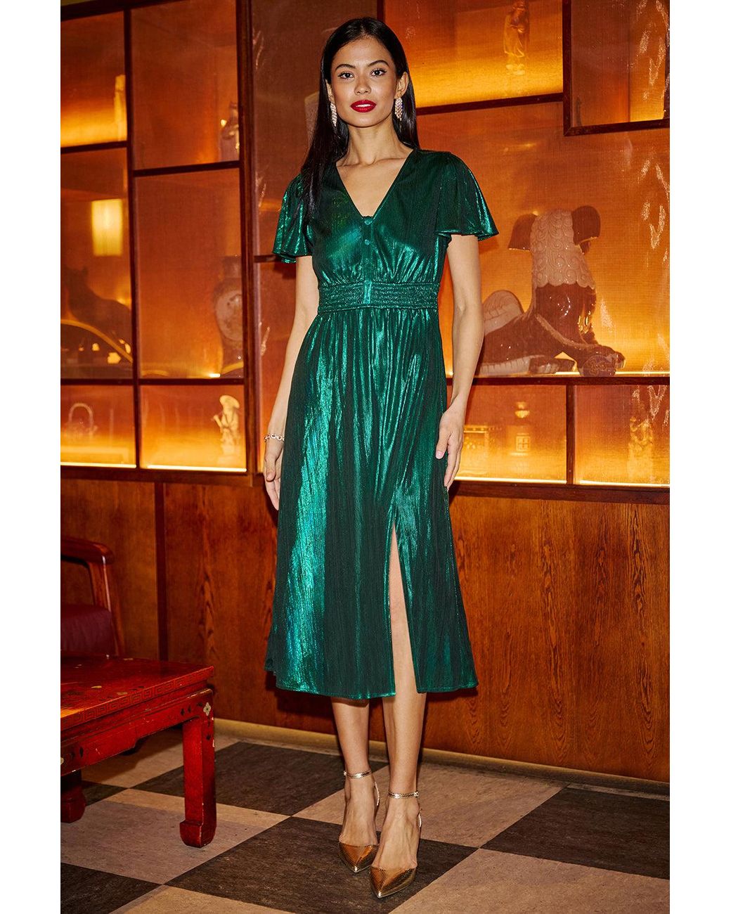 Yumi' Orange Metallic Ruched Midi Dress