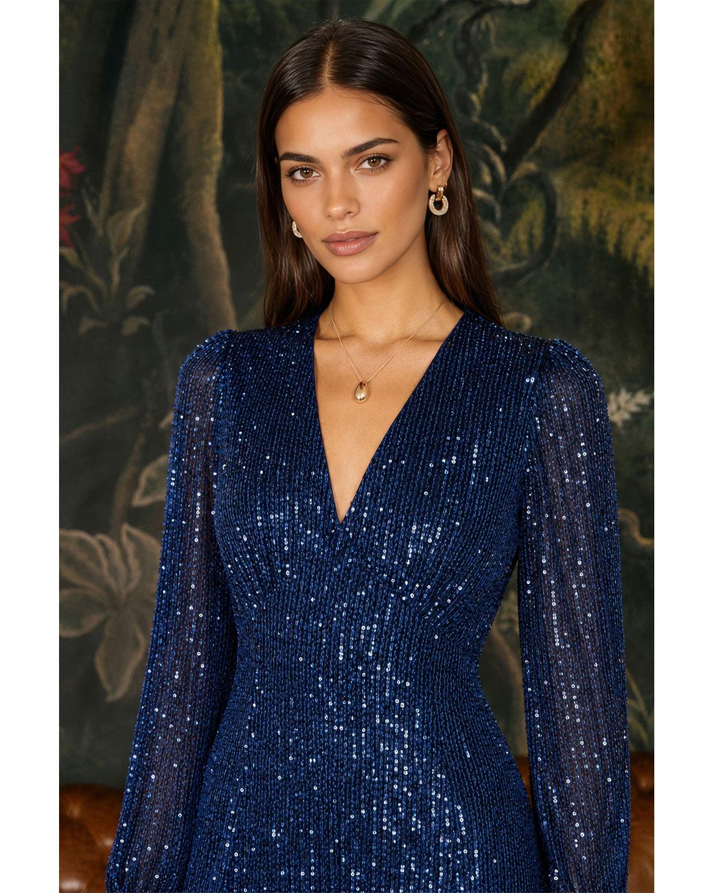 Yumi' Blue Sequin Long Sleeve Midi Dress