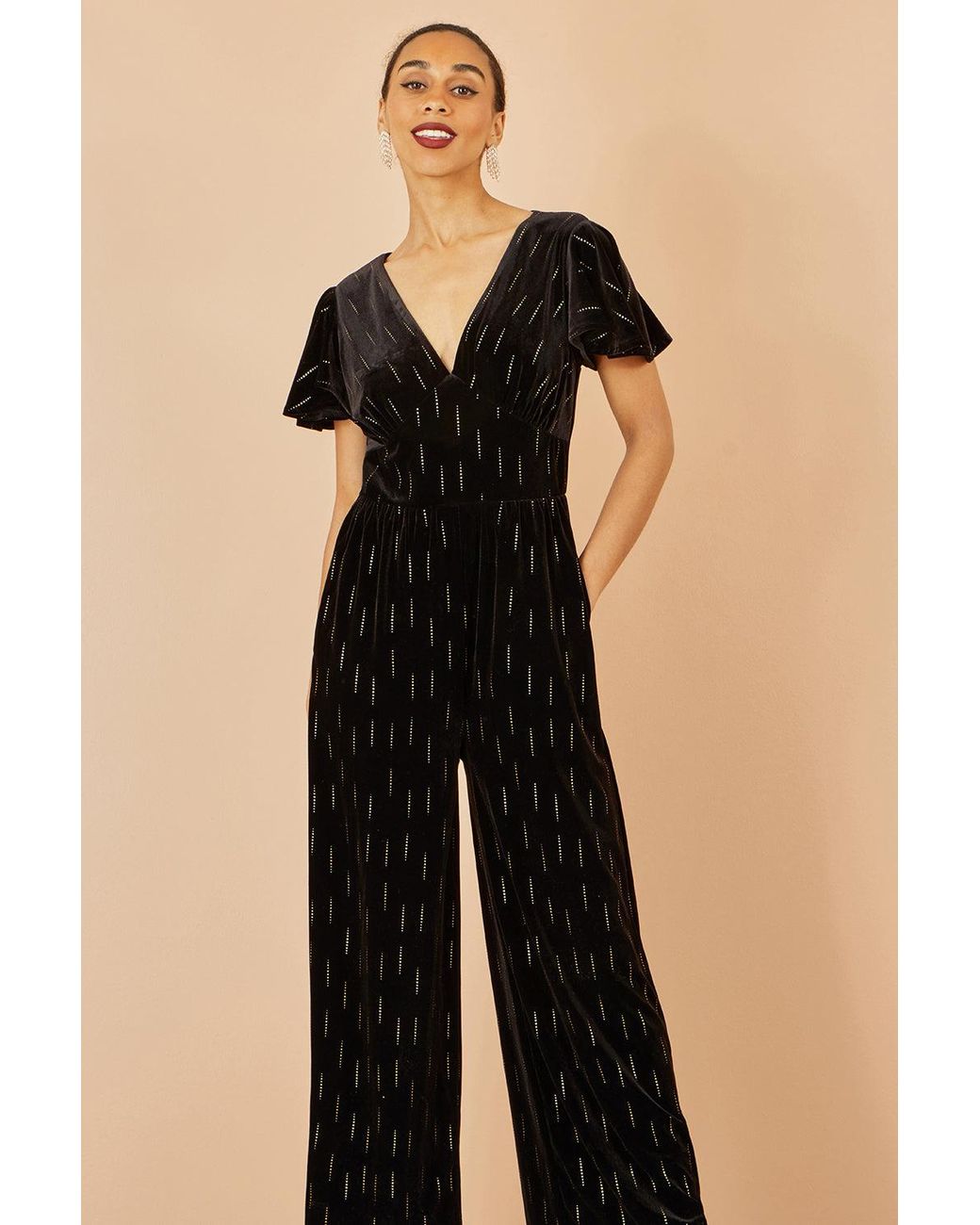 Yumi' Black Foil Print Velvet Jumpsuit