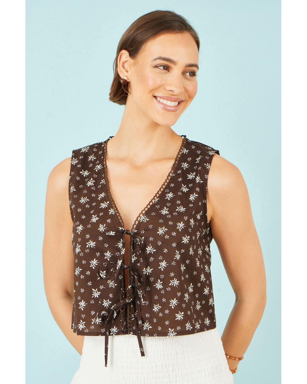 Yumi' Brown Cotton Daisy Print Waistcoat Top