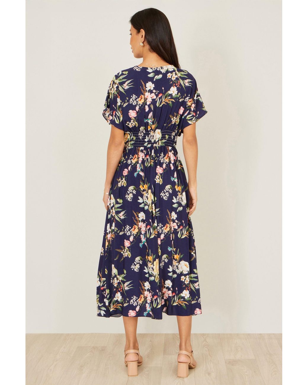 Yumi' Blue Viscose Floral Print Midi Dress With Ruched Waist
