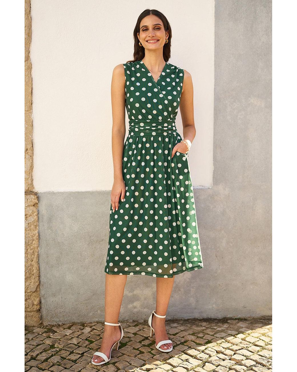 Yumi' Green Polka Dot Mesh Wrap Skater Dress With Pockets