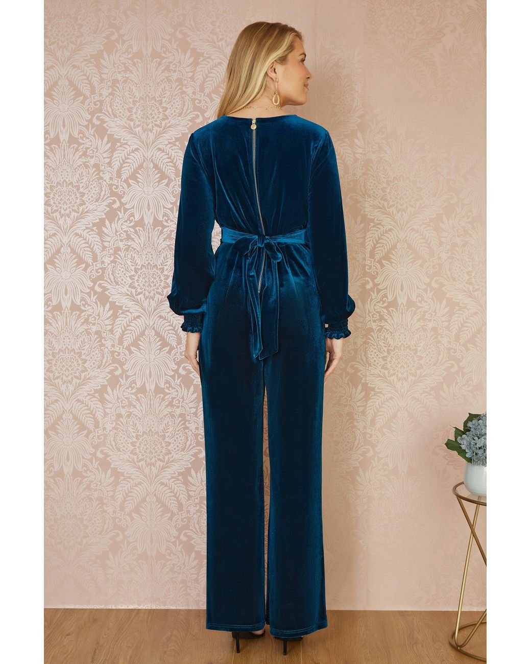 Yumi' Blue Velvet Long Sleeve Jumpsuit