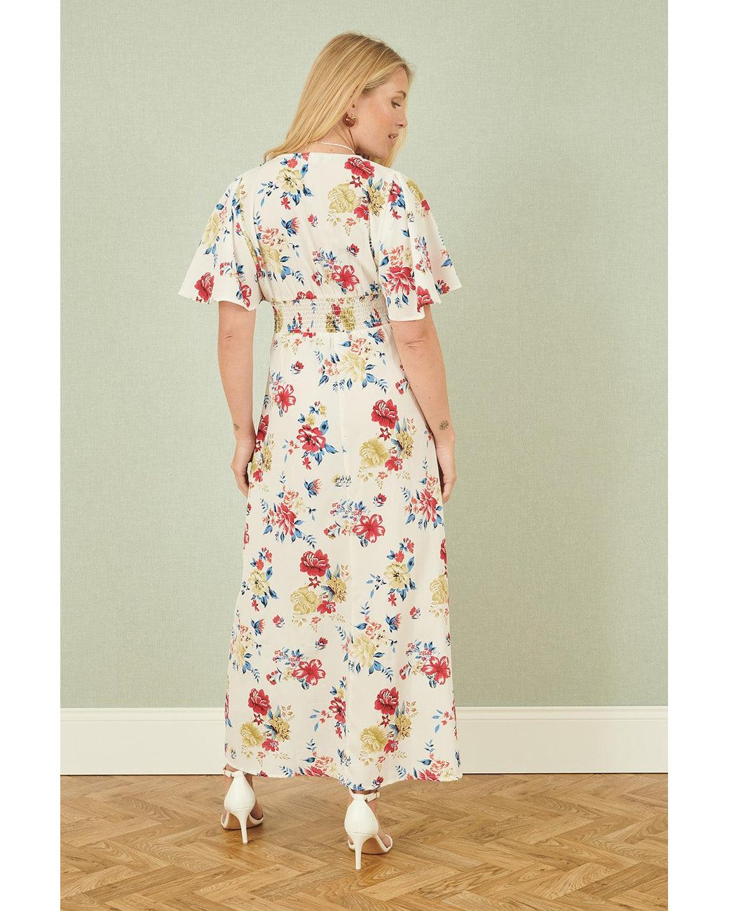 Yumi' White Floral Recycled Fabric Ruched Waist Midi Dress