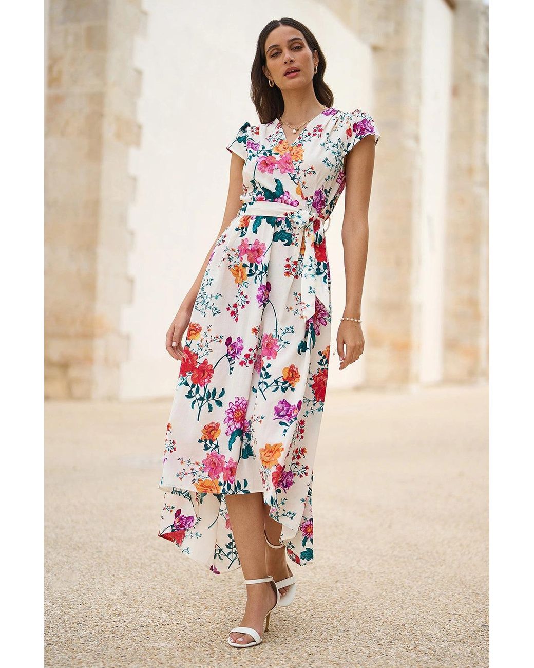 Yumi' Pink Flower Print Wrap Midi Dress