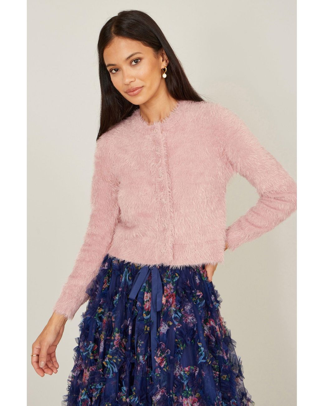 Yumi' Pink Eyelash Knit Cropped Cardigan