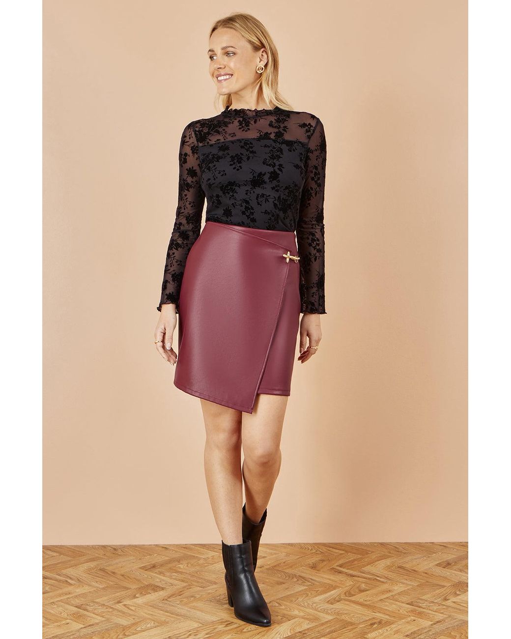 Yumi' Black Flocked Floral Stretch Mesh Top With Long Sleeves