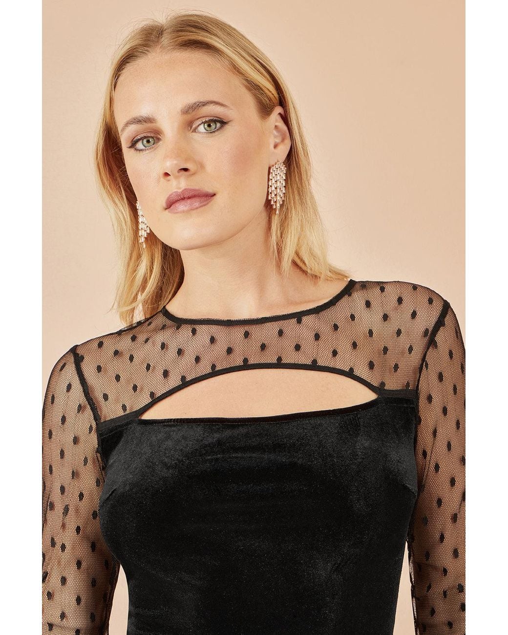 Yumi' Natural Velvet Midi Dress With Slash Neckline And Sheer Sleeves