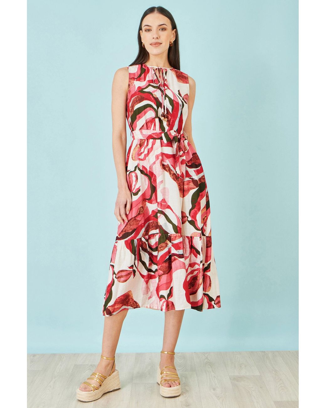 Yumi' Red Viscose Swirl Print Midi Dress