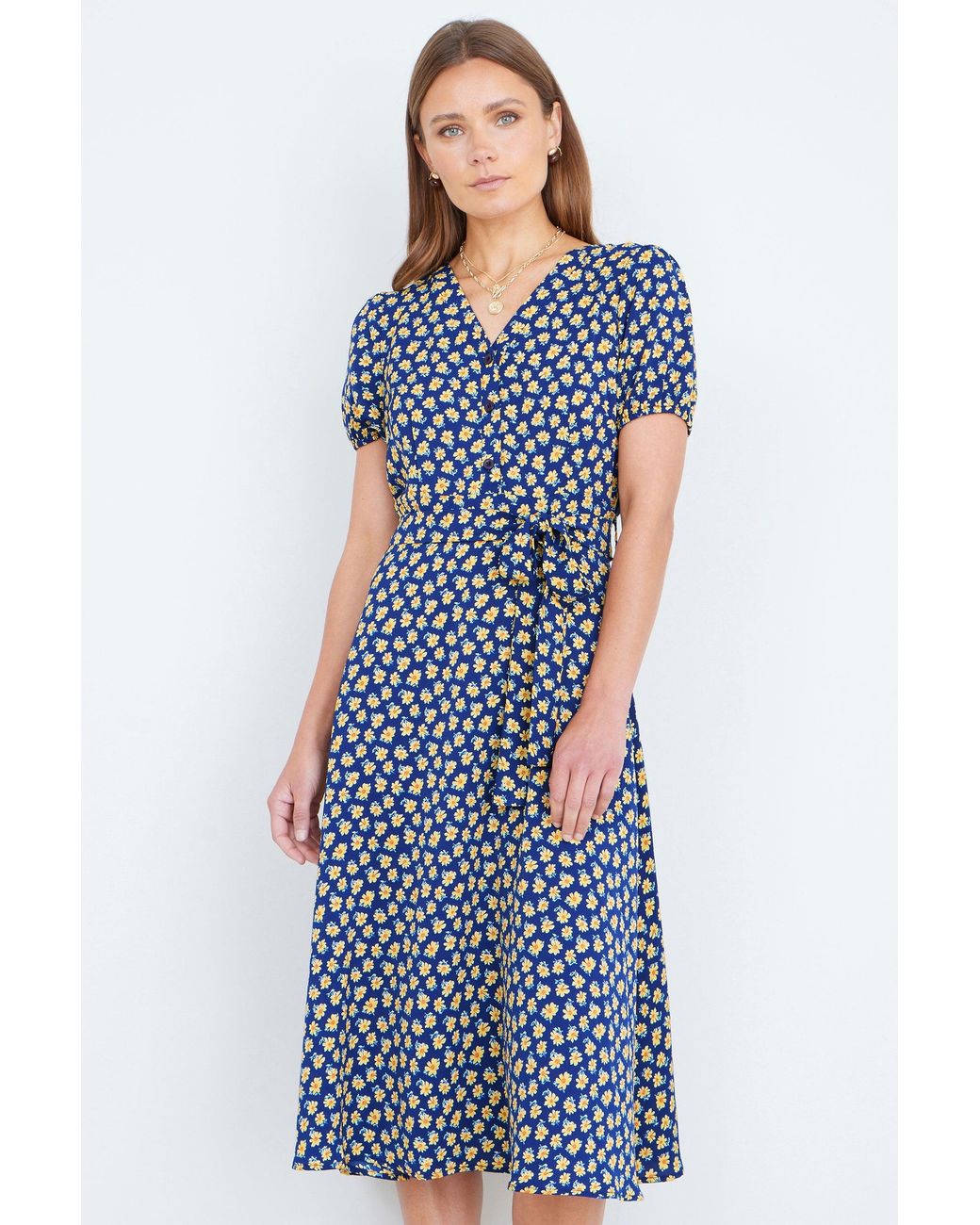Yumi' Blue Floral Midi Shirt Dress