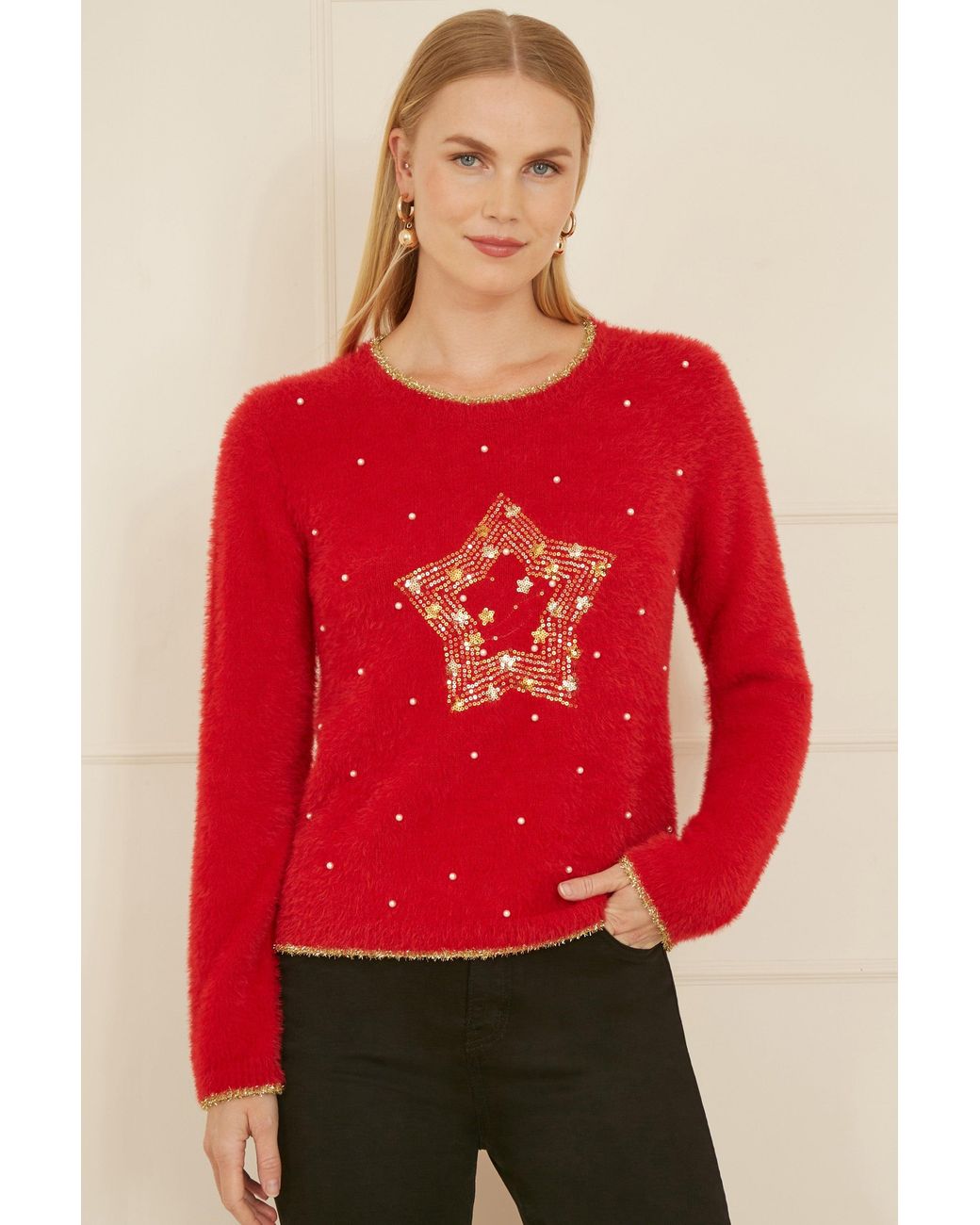 Yumi' Red Knitted Fluffy Christmas Star Jumper