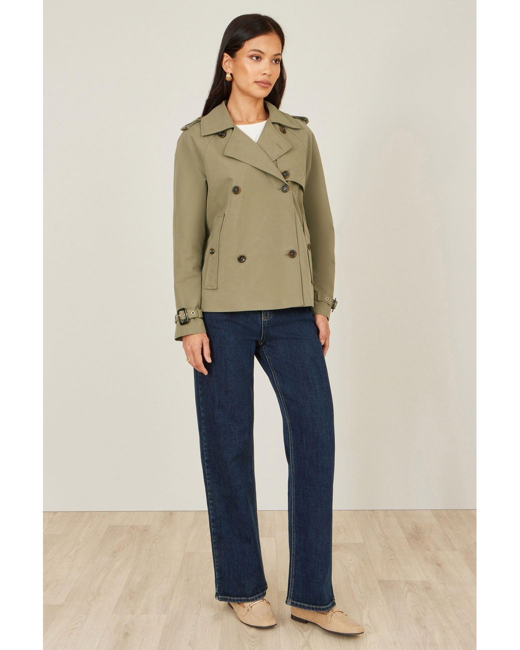 Yumi' Natural Cropped Trench Jacket With Pockets And Check Lining
