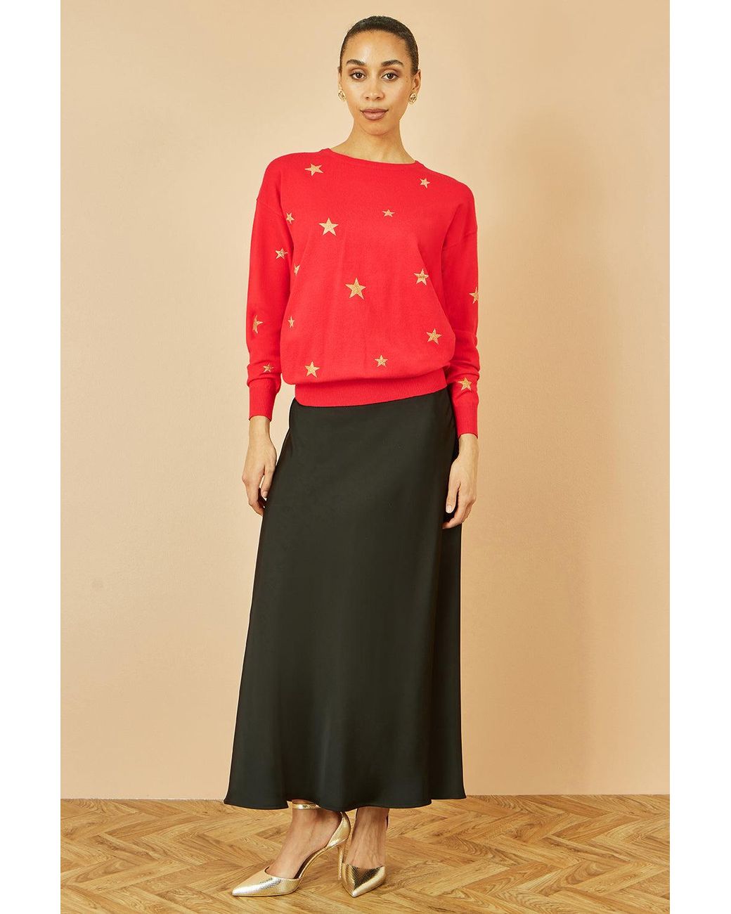 Yumi' Red Foil Star Print Relaxed Fit Jumper