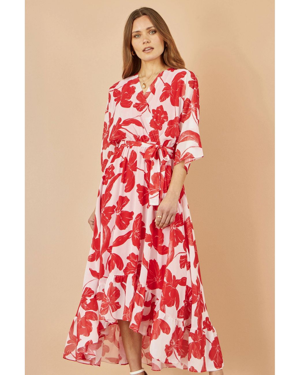 Yumi' Red Kimono Sleeves Dip Hem Wrap Midi Dress