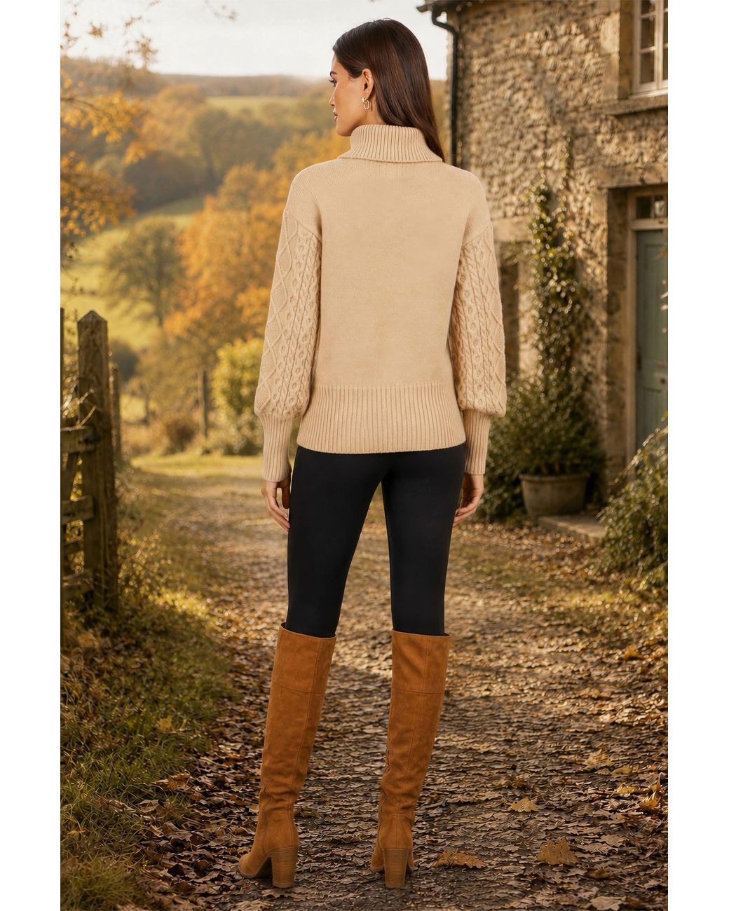 Yumi' Natural Cable Knit Roll Neck Jumper