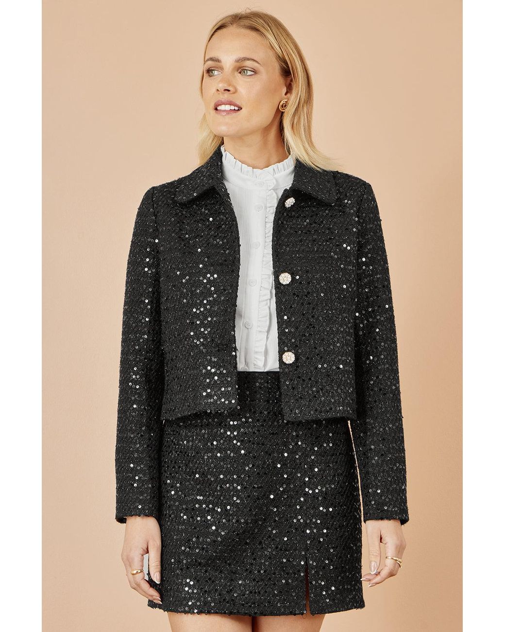 Yumi' Black Boucle Sequin Mini Skirt