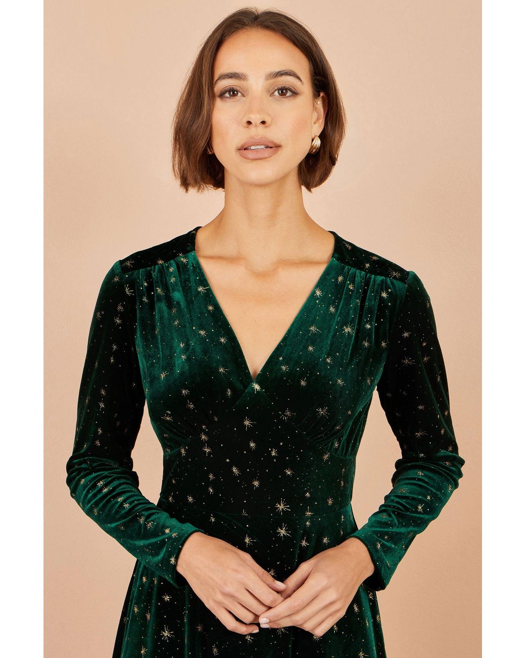 Yumi' Black Velvet Skater Dress With Foil Star Print