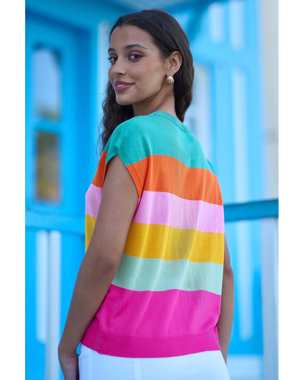 Yumi' Blue Multicolour Block Stripe Relaxed Knitted Top