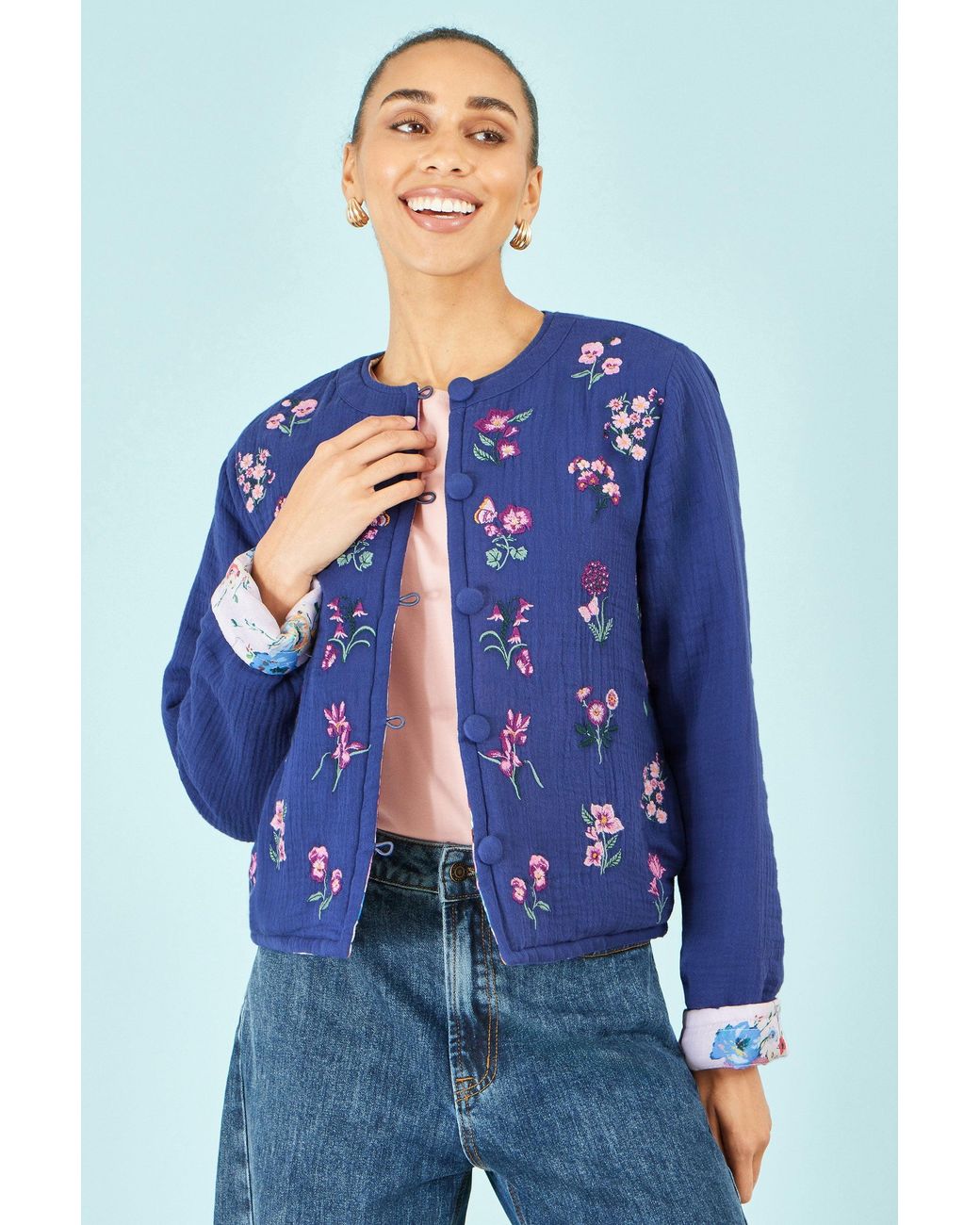 Yumi' Blue Floral Embroidery Cotton Jacket