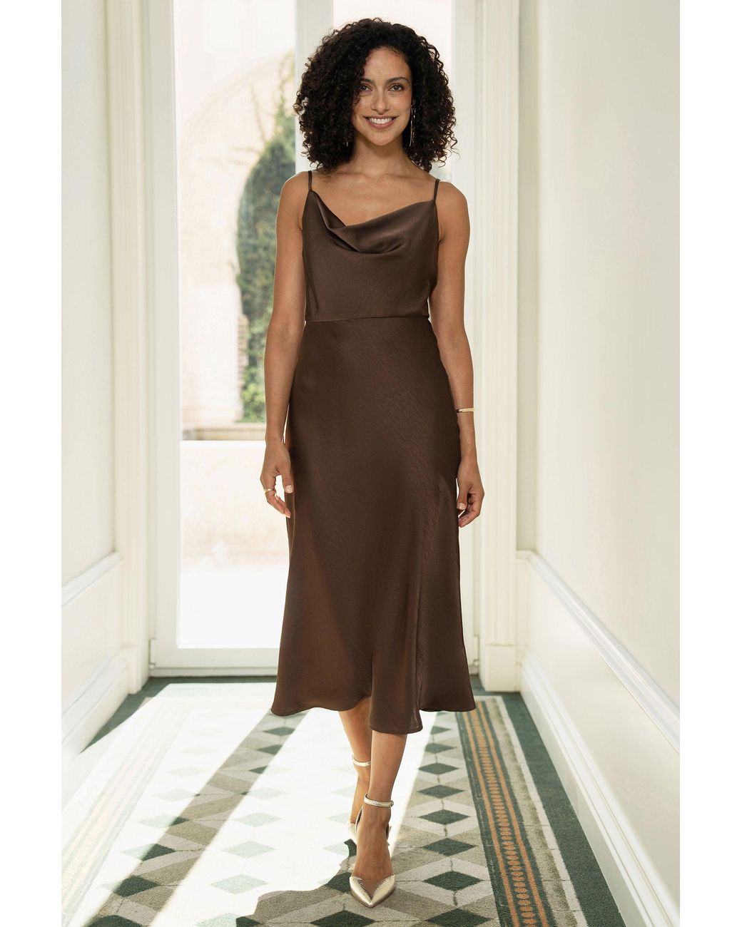 Yumi' Natural Satin Cowl Neck Midi Slip Dress