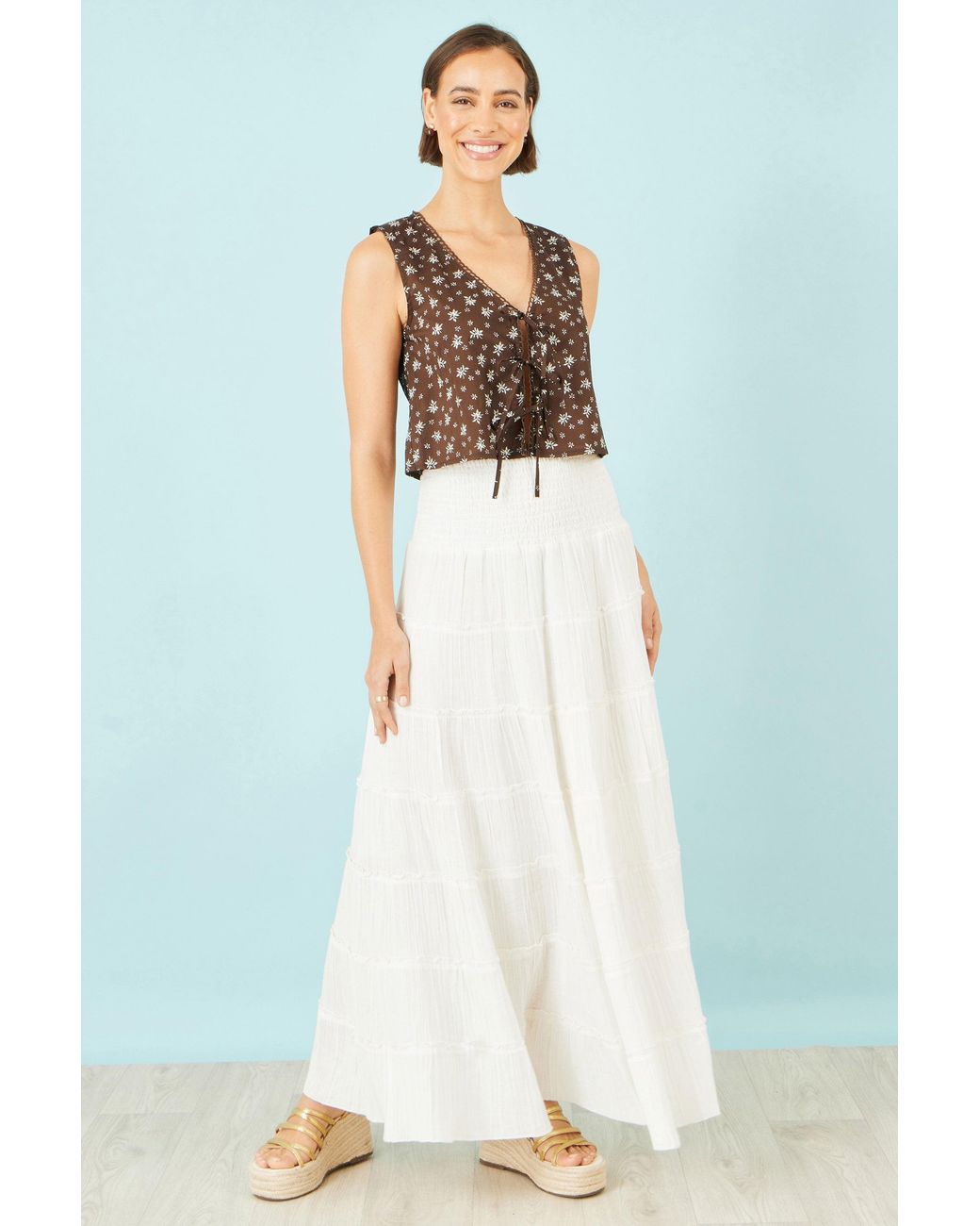 Yumi' Brown Cotton Daisy Print Waistcoat Top