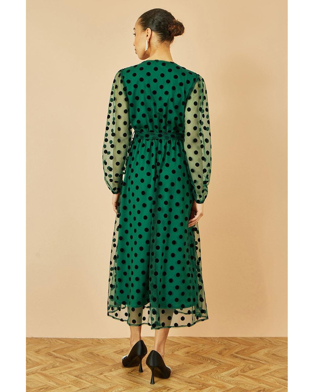 Yumi' Green Spot Mesh Wrap Midi Skater Dress