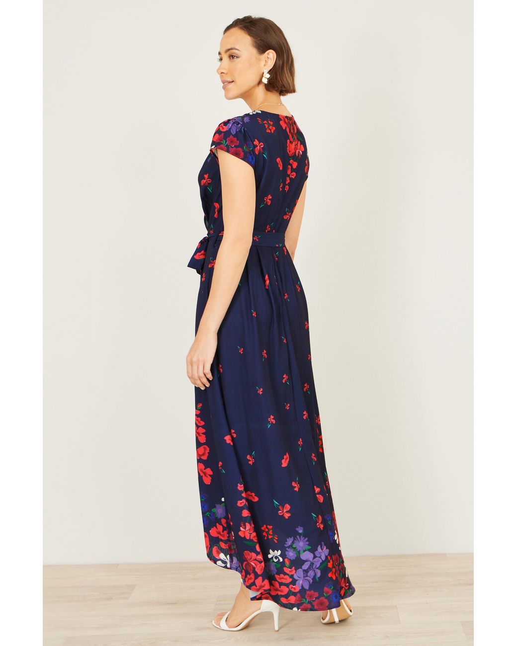 Yumi' Blue Floral Mirror Wrap Dress With Dip Hem