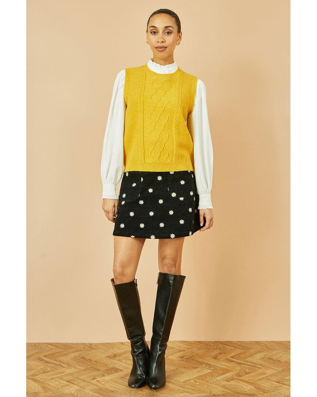 Yumi' Yellow Cable Knit Sleeveless Jumper