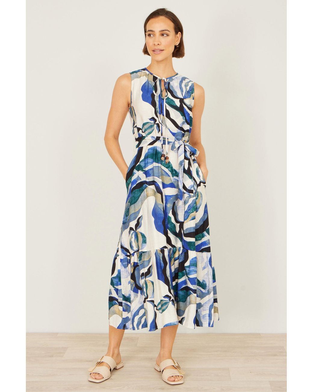 Yumi' Blue Viscose Swirl Print Midi Dress