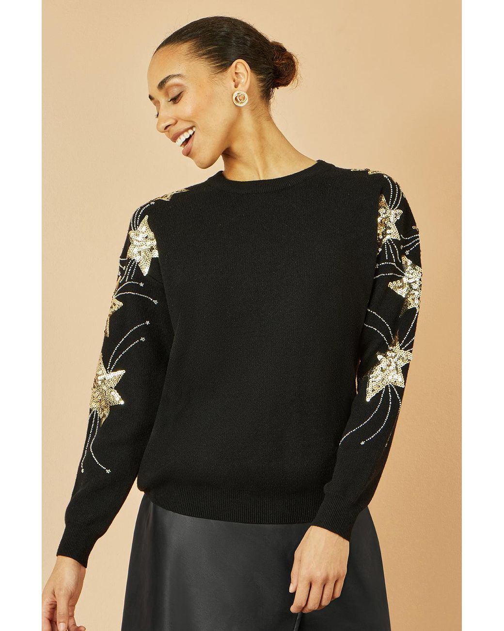 Yumi' Black Relaxed Fit Jumper With Sequin Star Sleeves