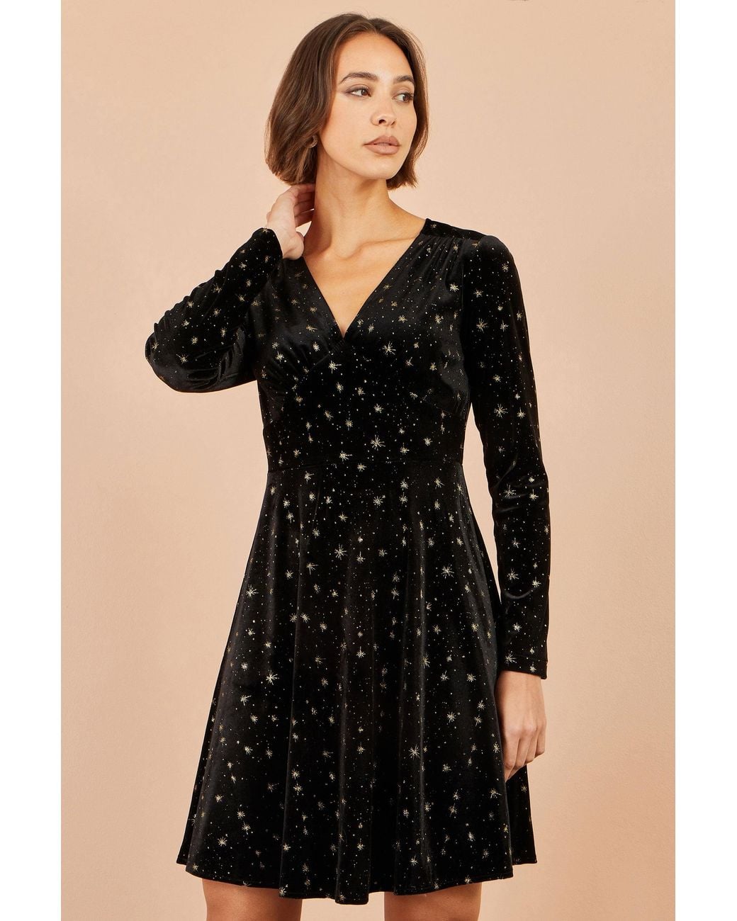 Yumi' Black Velvet Skater Dress With Foil Star Print