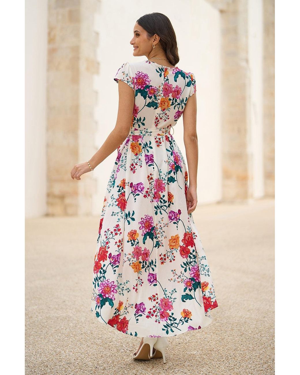 Yumi' Pink Flower Print Wrap Midi Dress