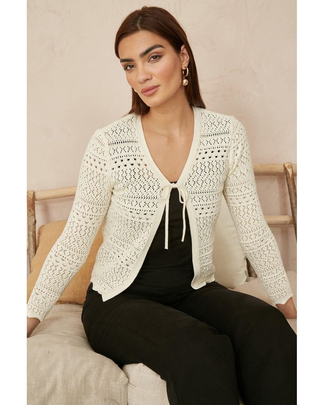 Yumi' Natural Crochet Tie Front Cardigan
