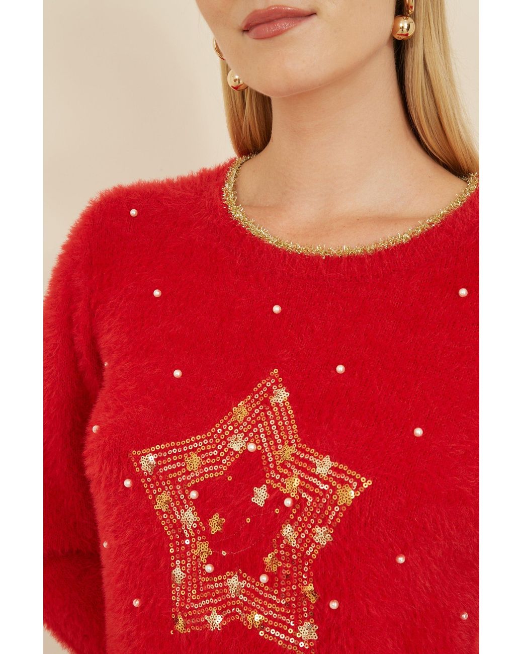 Yumi' Red Knitted Fluffy Christmas Star Jumper