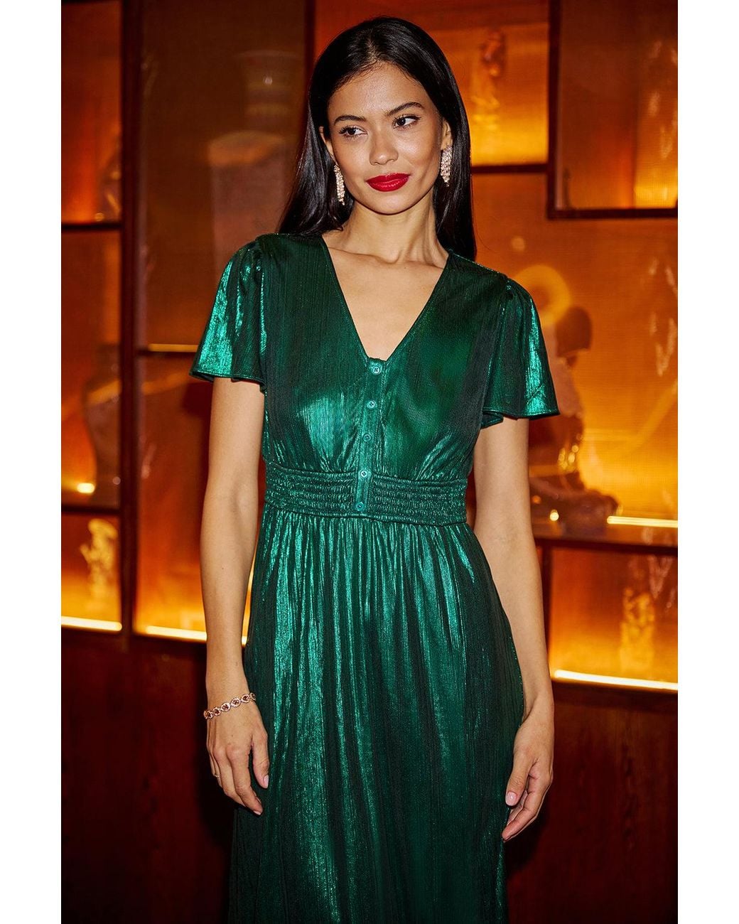 Yumi' Orange Metallic Ruched Midi Dress