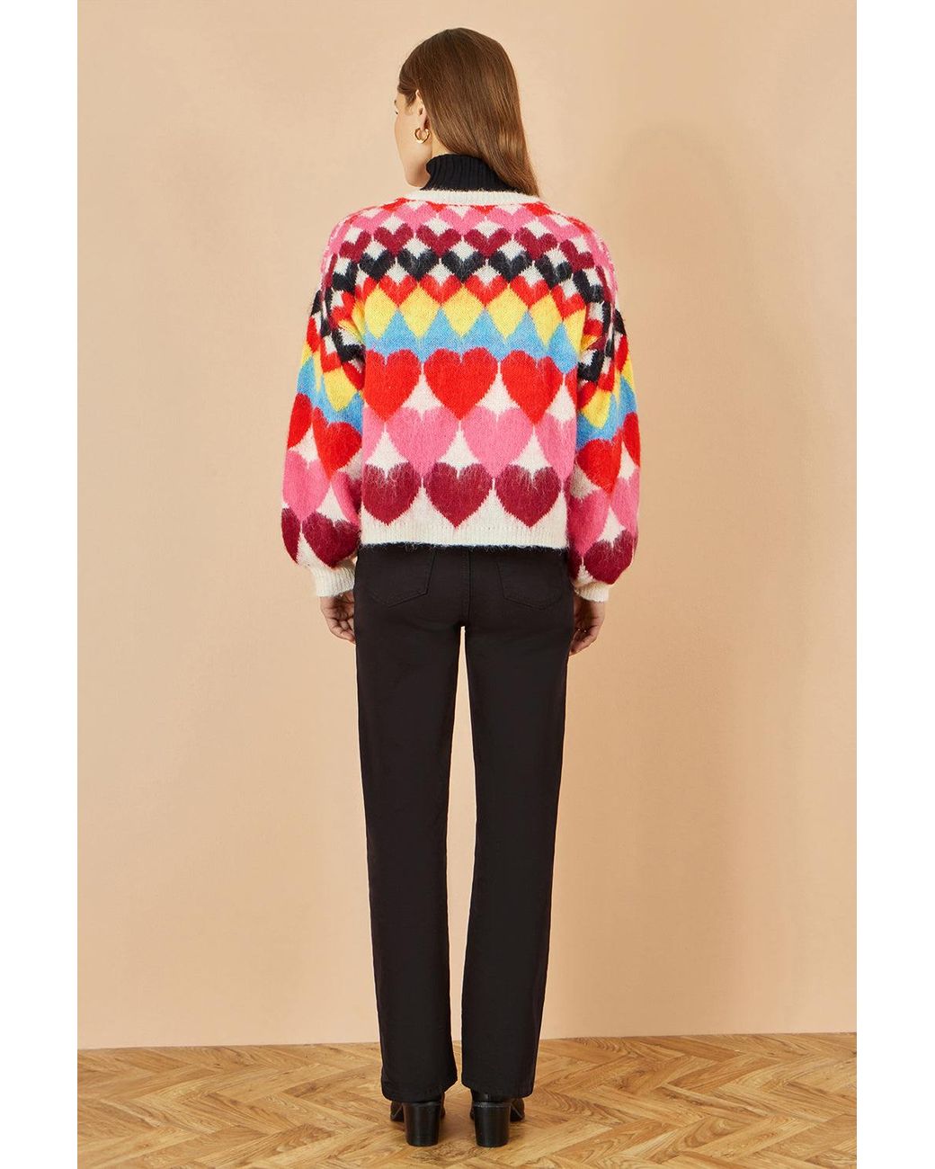 Yumi' Red Multicolour Tie Front Heart Intarsia Cardigan