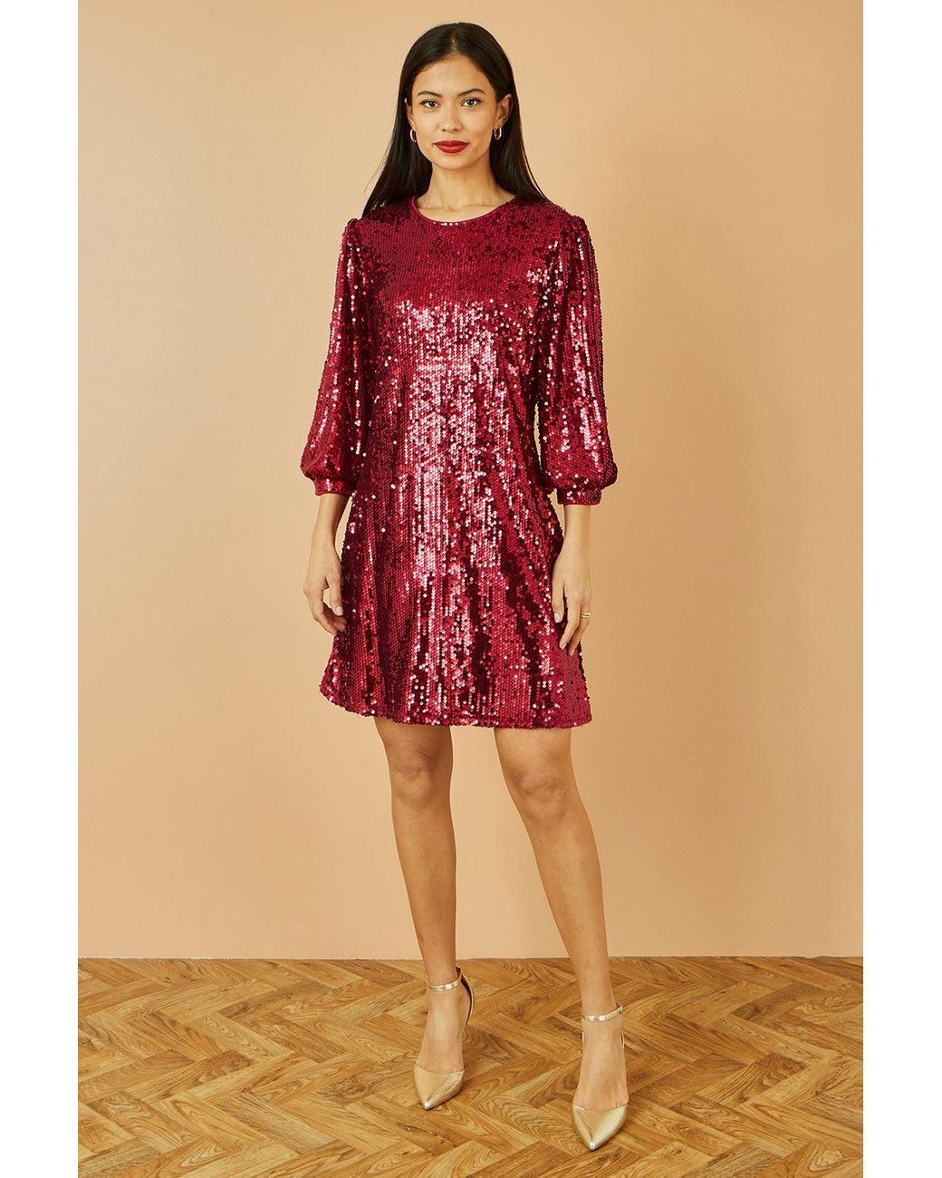Yumi' Red Sequin Tunic Dress With Balloon Sleeves